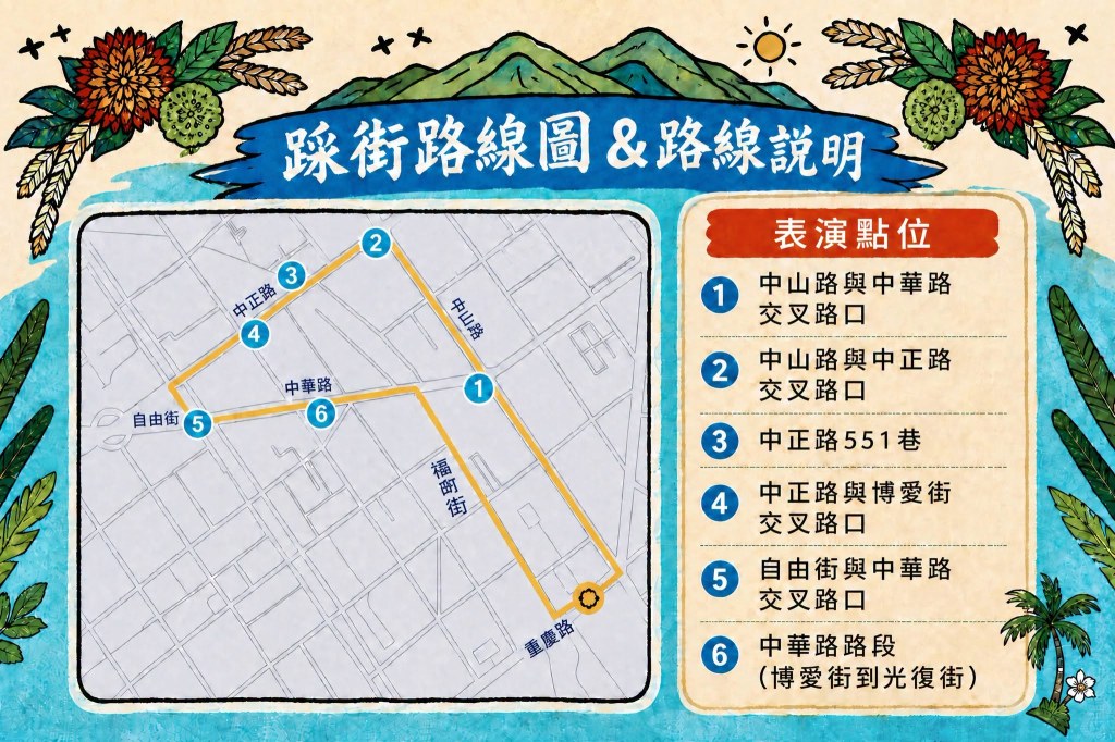 踩街路線圖與六個表演點位說明