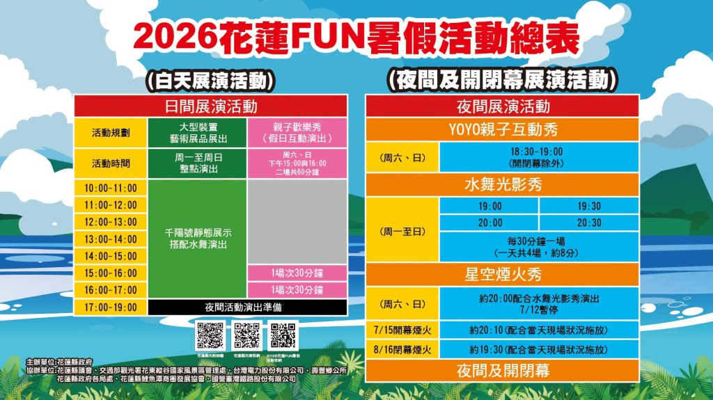2026花蓮FUN暑假活動總表日夜場次